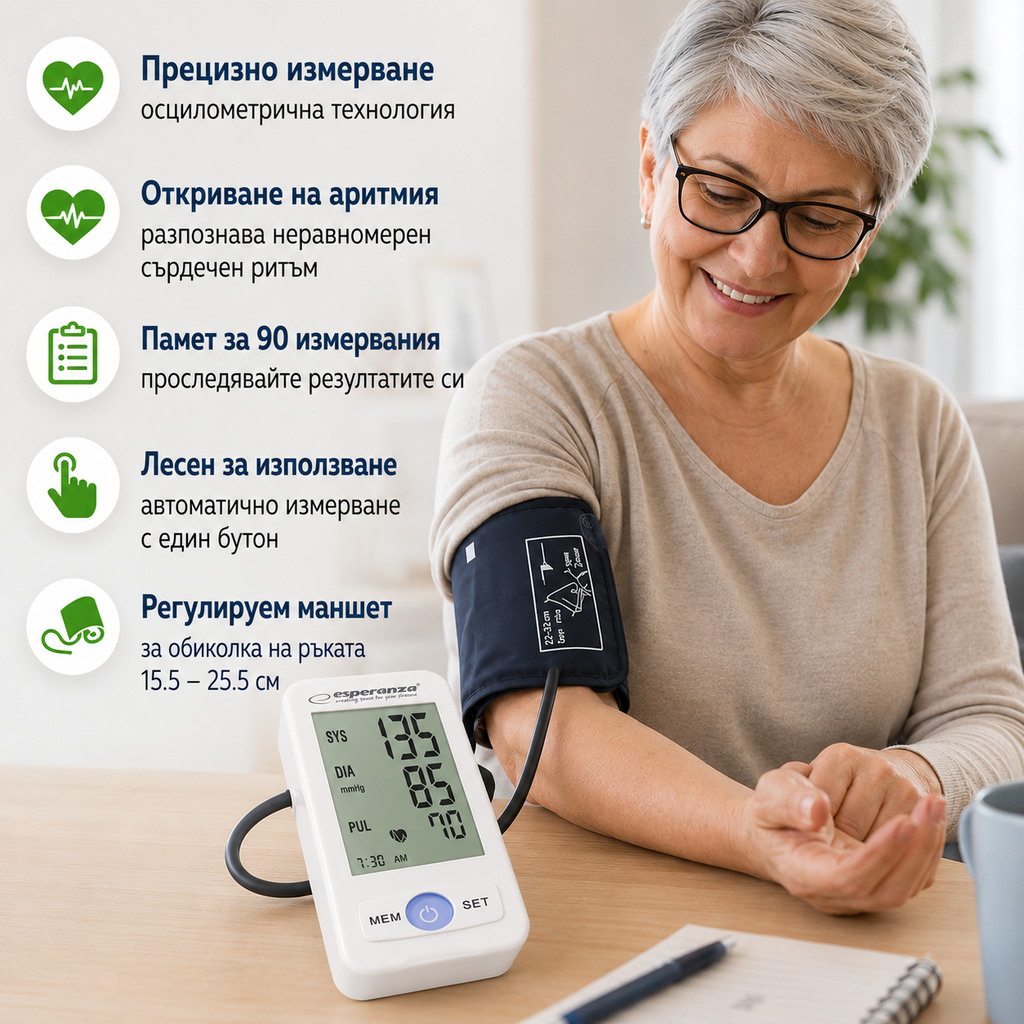 Електронен апарат за кръвно налягане за ръка с памет за 90 измервания