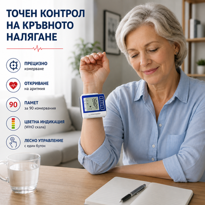 Електронен апарат за кръвно налягане за китка "Pulse Check" – бързо измерване с голям и ясен дисплей