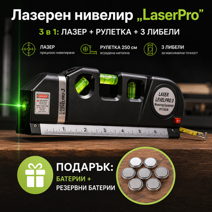 Лазерен нивелир „LaserPro“ с вградена рулетка 250 см и 3 либели + ПОДАРЪК батерии и резервни батерии