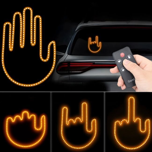 Светеща LED ръка за автомобил с 4 жеста и дистанционно - покажи настроението си