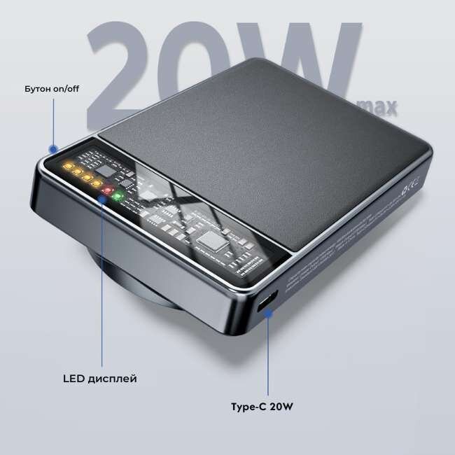 Преносима батерия с магнитно зареждане „PowerMag" 10 000 mAh