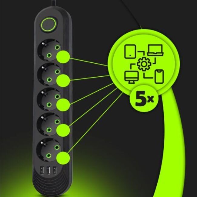 Разклонител с 5 гнезда и 3 USB порта „MaxPower“ 5м - удобство и функиционалност
