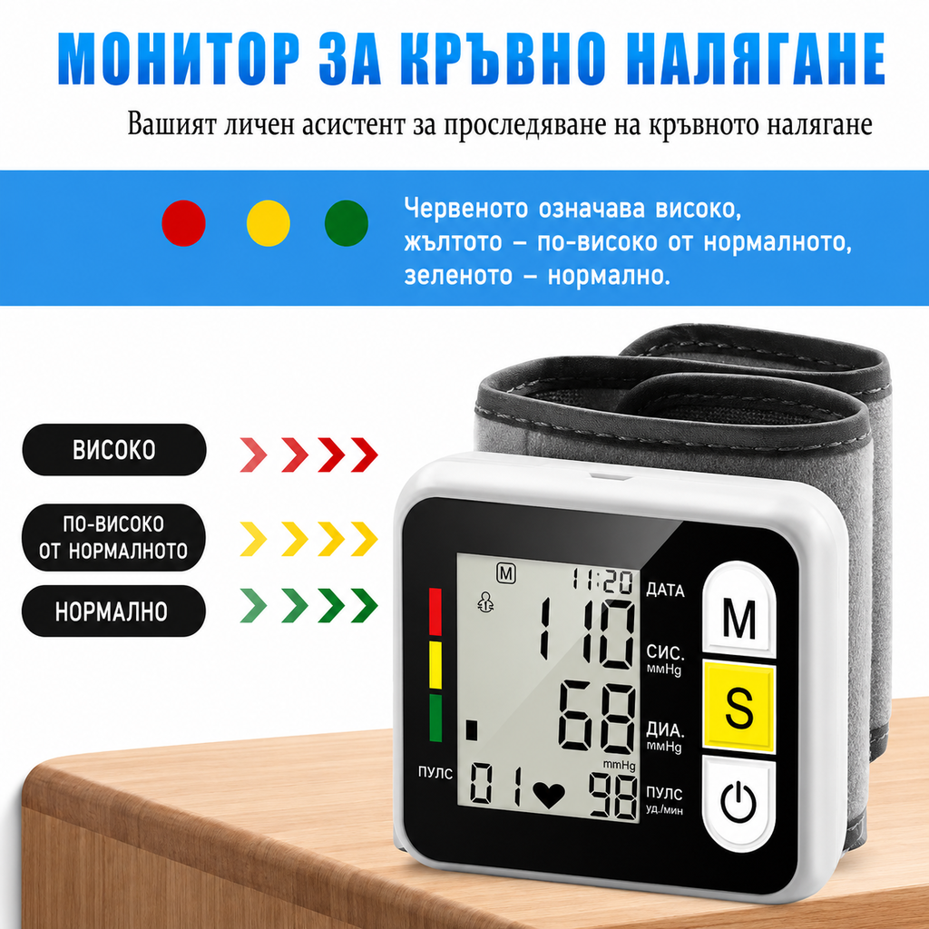 Апарат за кръвно налягане за китка "PulseCheck Easy" – бързо измерване с голям и ясен дисплей