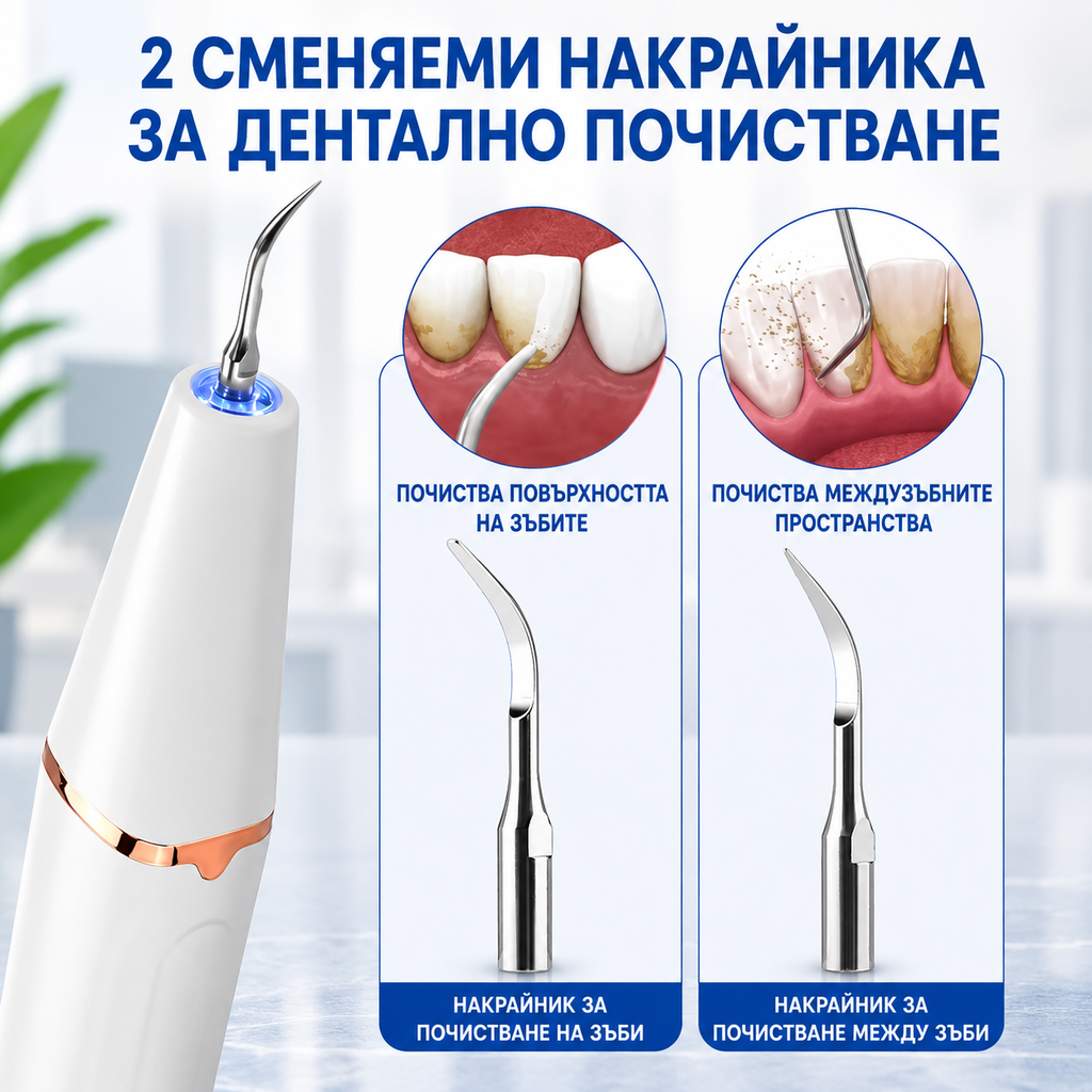 Ултразвуков Уред за Почистване на Зъби и Зъбен Камък с 3 Режима и USB Зареждане