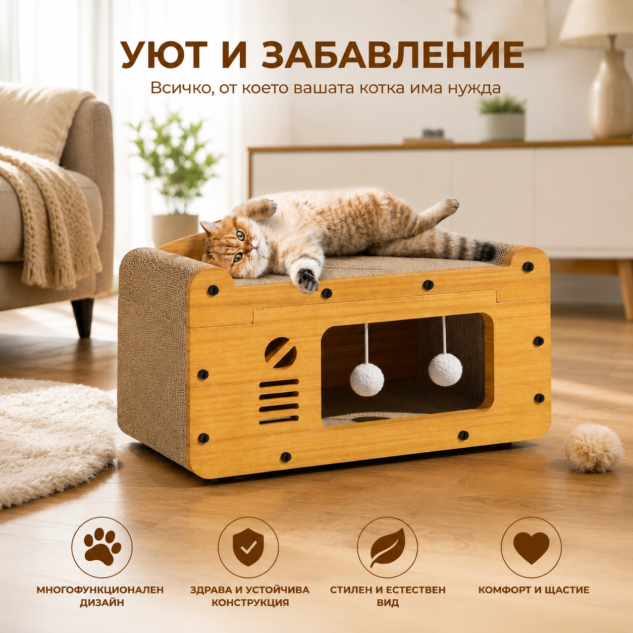 „Уютна Къщичка 3в1“ – легло, драскалка и скривалище за котки